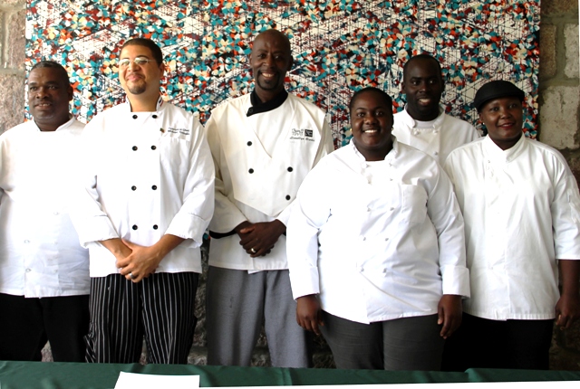 Some of the local chefs participating in the Nevis Tourism Authority’s third annual Nevis Mango and Food Festival (l-r) Silvester Wallace, Michael Henville, Llewellyn Clarke, Berecia Stapleton, Renaldo Mills and Paulette Frederick during the media launch at the Montpelier Plantation and Beach on June 09, 2016